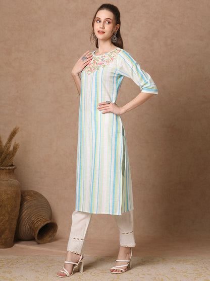 Woven Stripes & floral Hand EMbroidered Straight Fit Kurta - White