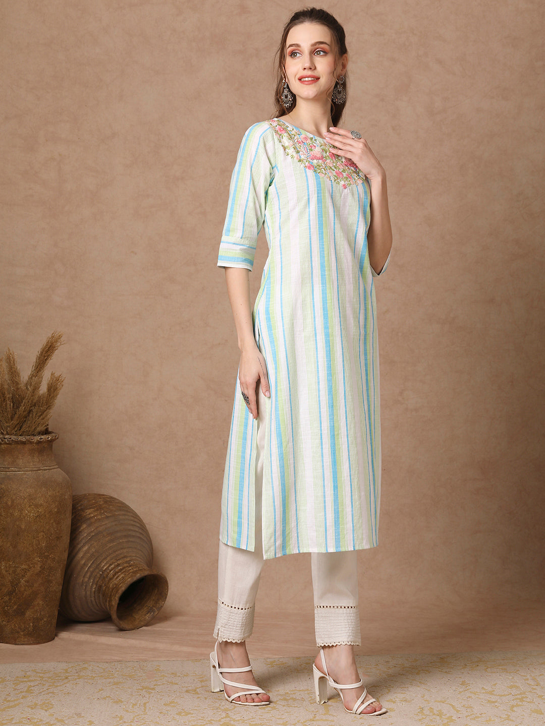 Woven Stripes & floral Hand EMbroidered Straight Fit Kurta - White