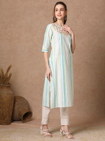 Woven Stripes & floral Hand EMbroidered Straight Fit Kurta - White