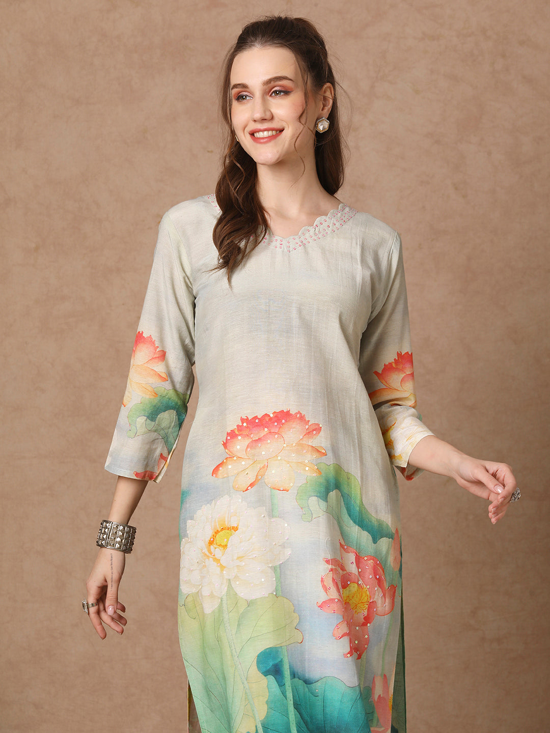 Abstract Floral Printed & Embroidered Straight Fit Kurta with Pant - Grey