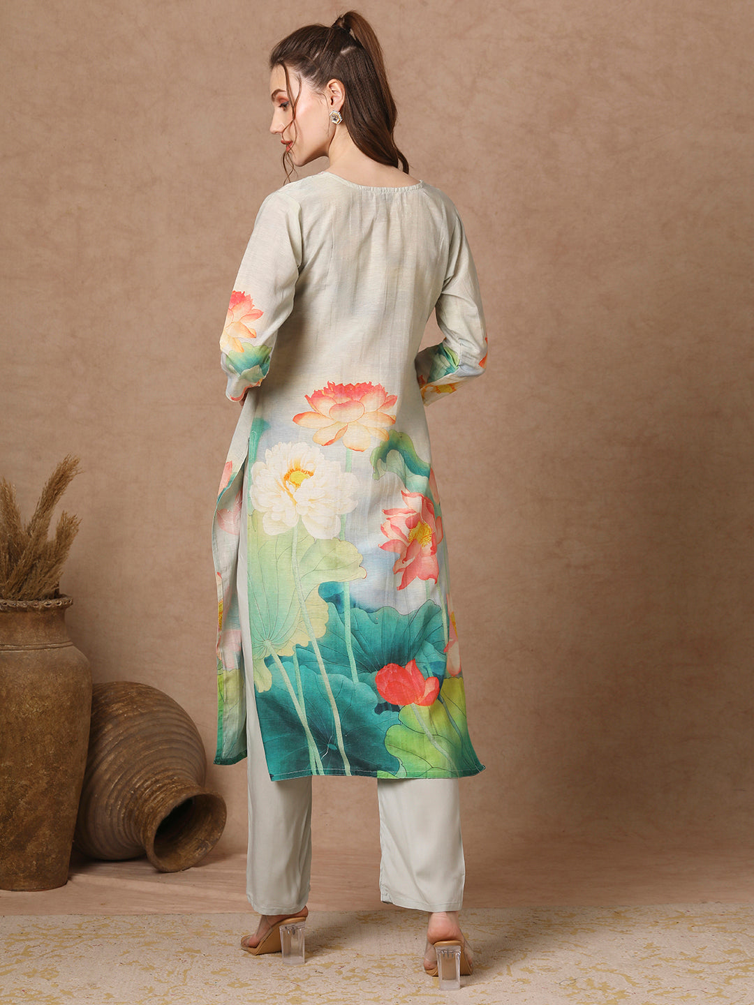 Abstract Floral Printed & Embroidered Straight Fit Kurta with Pant - Grey