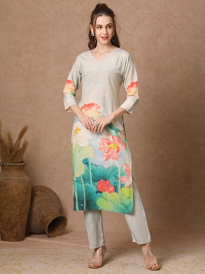 Abstract Floral Printed & Embroidered Straight Fit Kurta with Pant - Grey