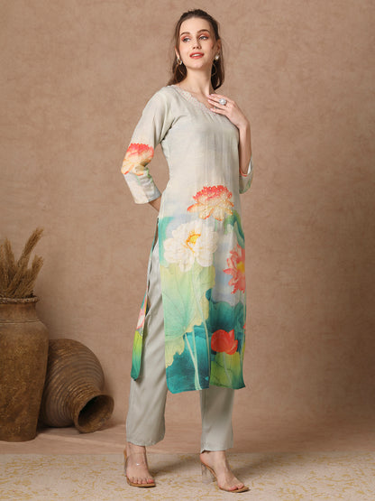 Abstract Floral Printed & Embroidered Straight Fit Kurta with Pant - Grey