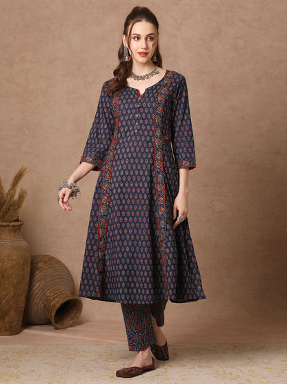 Ethnic Floral Printed A-Line Paneled Kurta with Pant - Blue