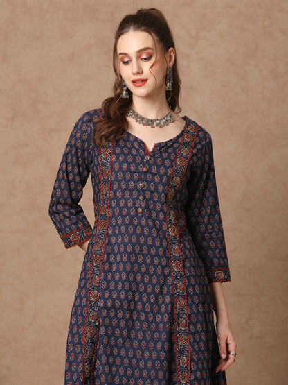 Ethnic Floral Printed A-Line Paneled Kurta with Pant - Blue