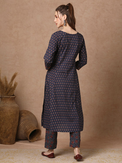 Ethnic Floral Printed A-Line Paneled Kurta with Pant - Blue