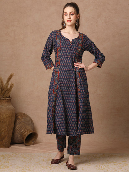 Ethnic Floral Printed A-Line Paneled Kurta with Pant - Blue