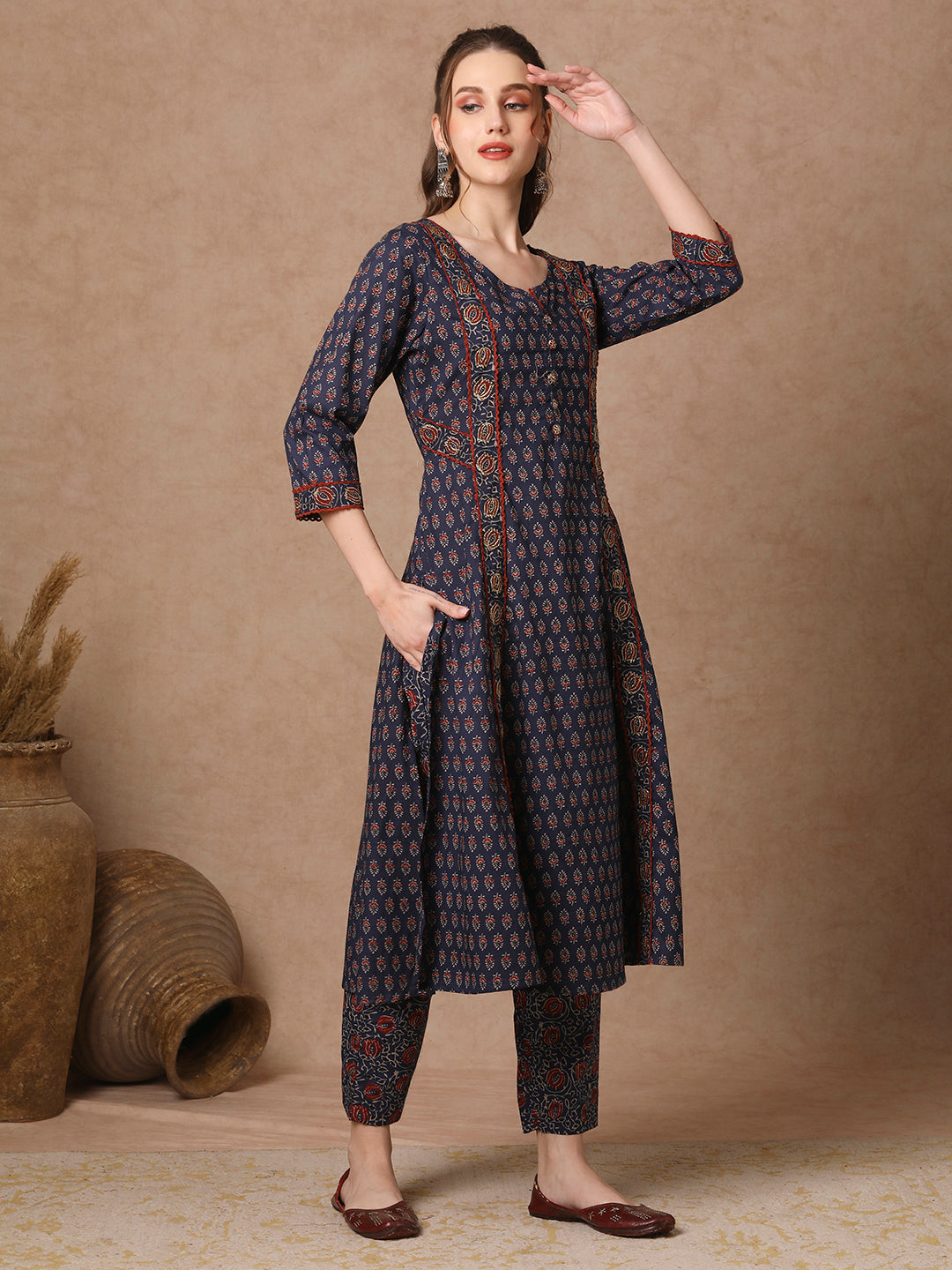 Ethnic Floral Printed A-Line Paneled Kurta with Pant - Blue