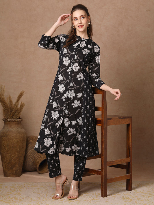 Abstract Floral Printed A-Line Paneled Kurta with Pant - Black