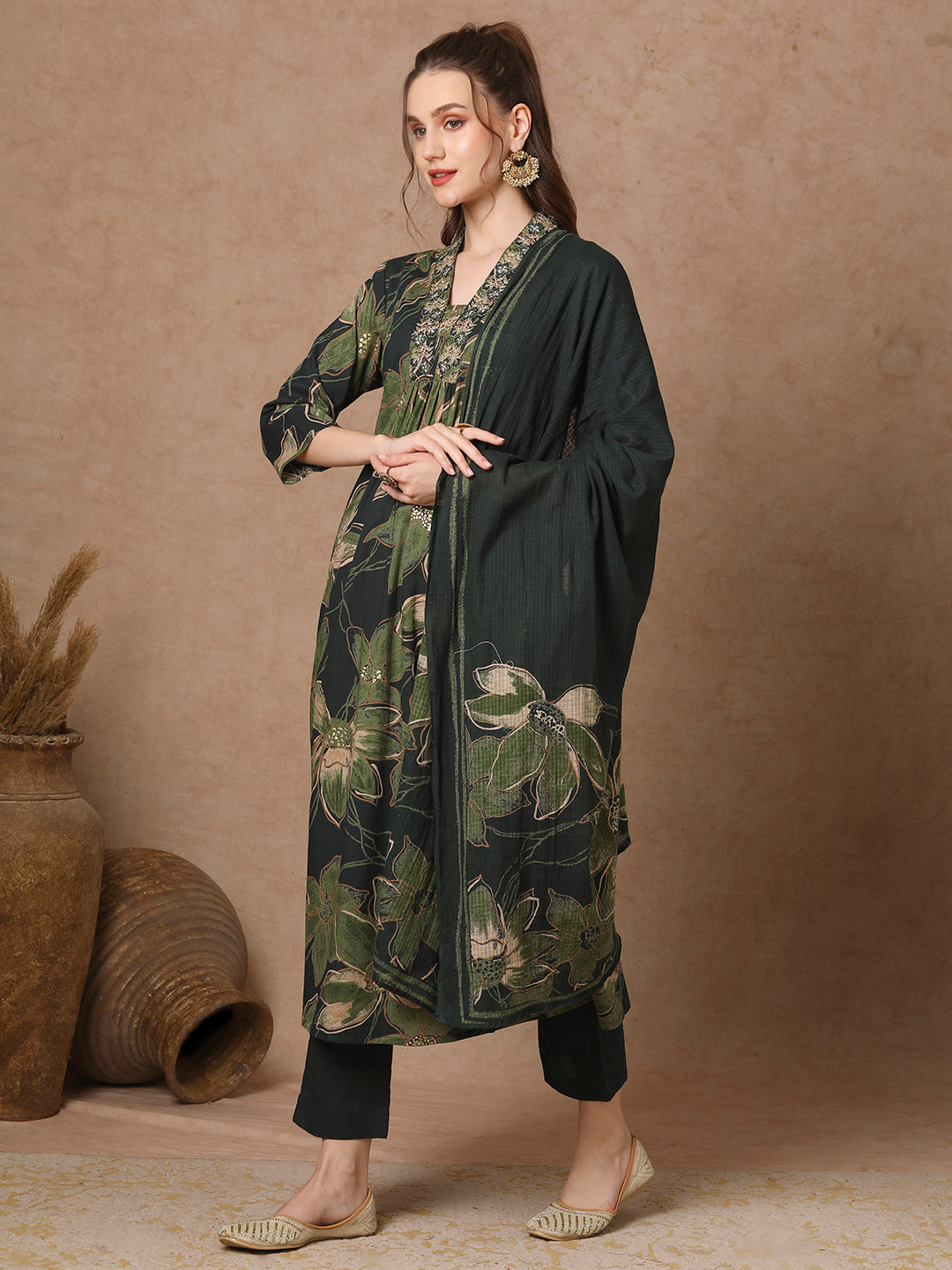 Abstract Floral Foil Printed Embroidered A-Line Kurta with Pant & Dupatta - Green