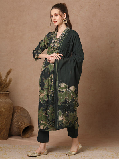 Abstract Floral Foil Printed Embroidered A-Line Kurta with Pant & Dupatta - Green