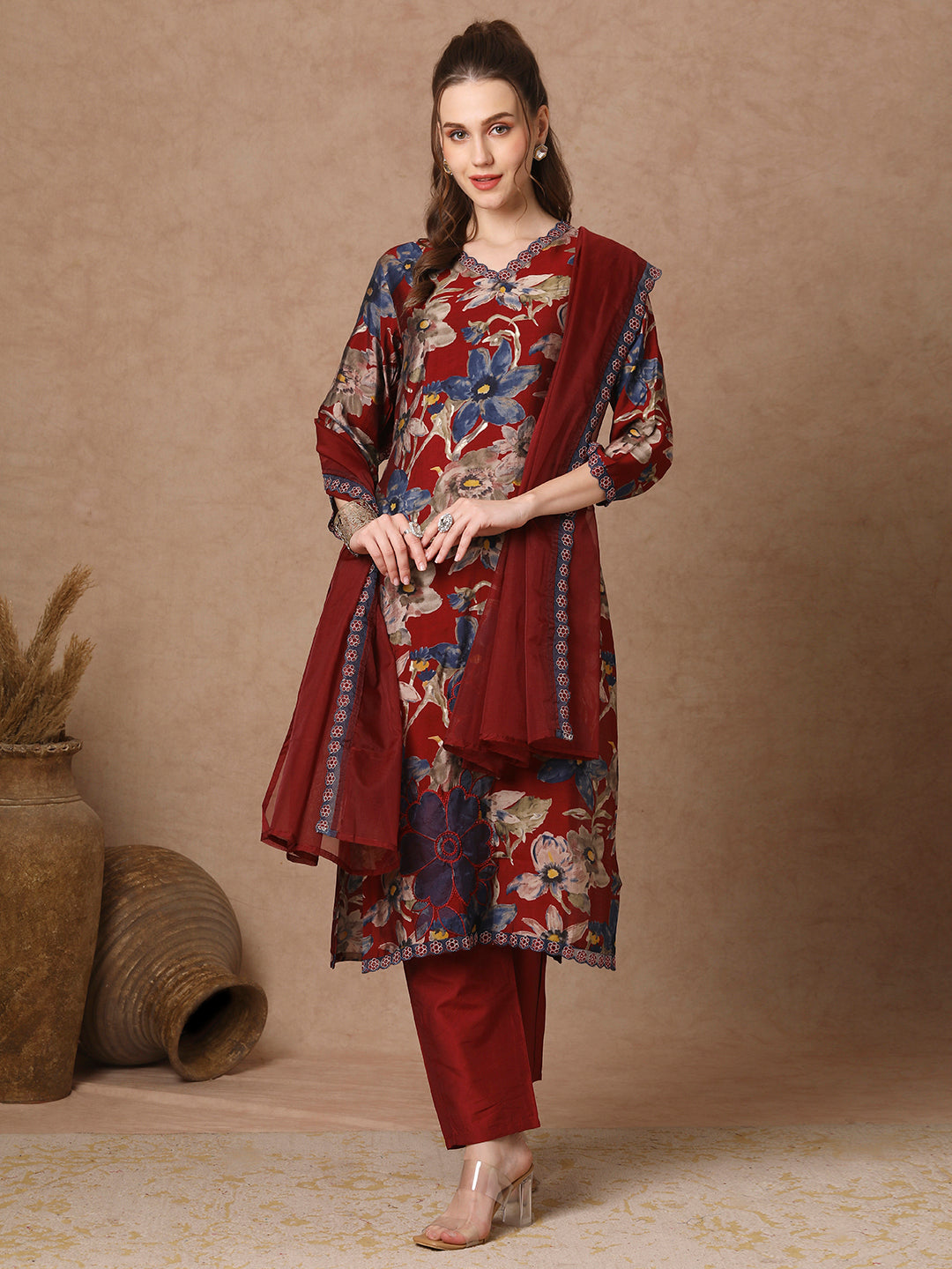 Floral Printed & Embroidered Straight Fit Kurta with Pant and Dupatta - Maroon