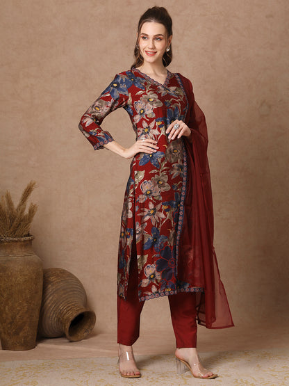 Floral Printed & Embroidered Straight Fit Kurta with Pant and Dupatta - Maroon