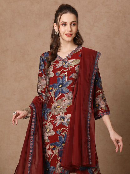 Floral Printed & Embroidered Straight Fit Kurta with Pant and Dupatta - Maroon