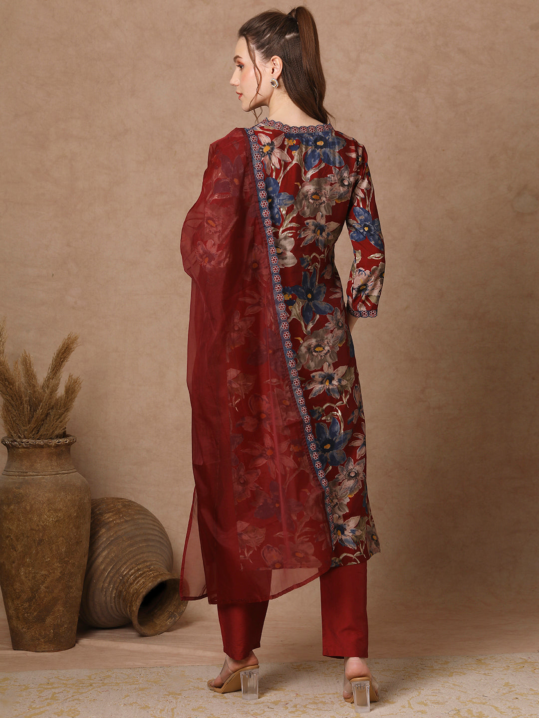 Floral Printed & Embroidered Straight Fit Kurta with Pant and Dupatta - Maroon