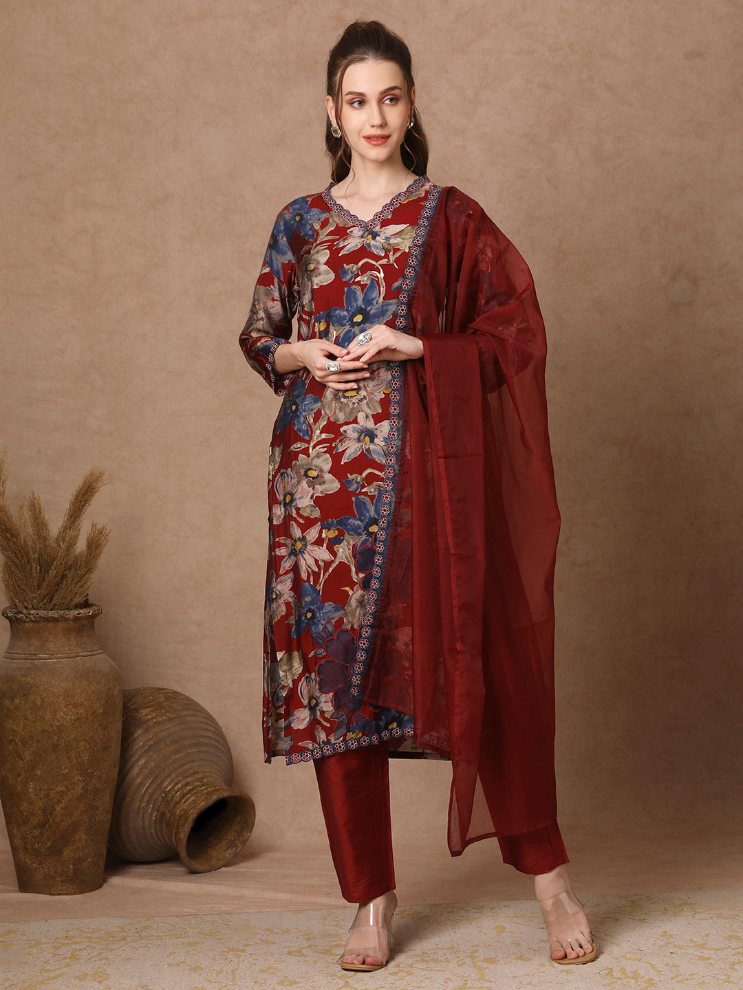 Floral Printed & Embroidered Straight Fit Kurta with Pant and Dupatta - Maroon