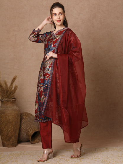 Floral Printed & Embroidered Straight Fit Kurta with Pant and Dupatta - Maroon