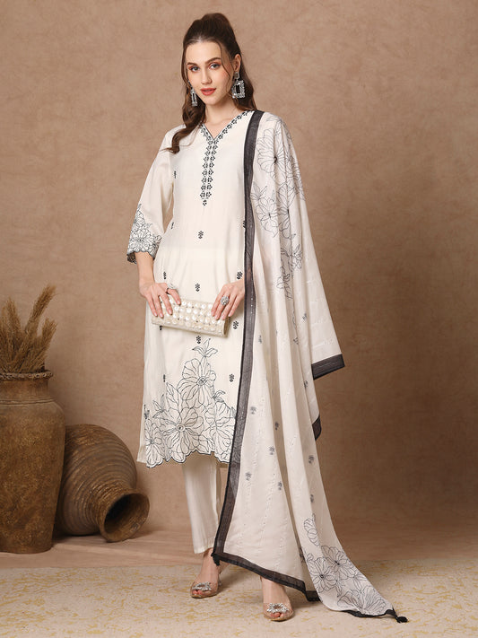 Solid Abstract Floral Embroidered Straight Fit Kurta with Pant and Dupatta - White