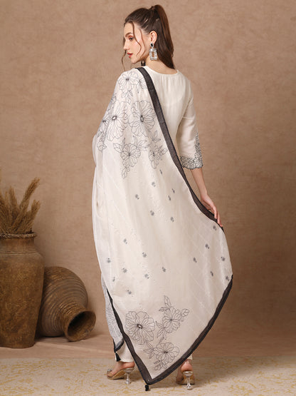 Solid Abstract Floral Embroidered Straight Fit Kurta with Pant and Dupatta - White