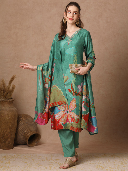 Abstract Floral Printed Straight Kurta with Pant & Dupatta - Green