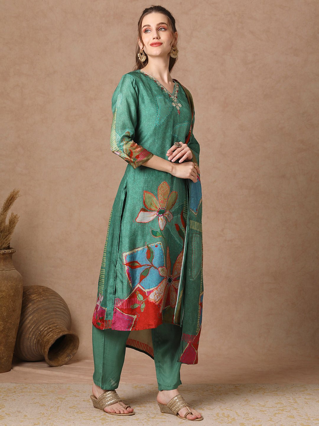 Abstract Floral Printed Straight Kurta with Pant & Dupatta - Green