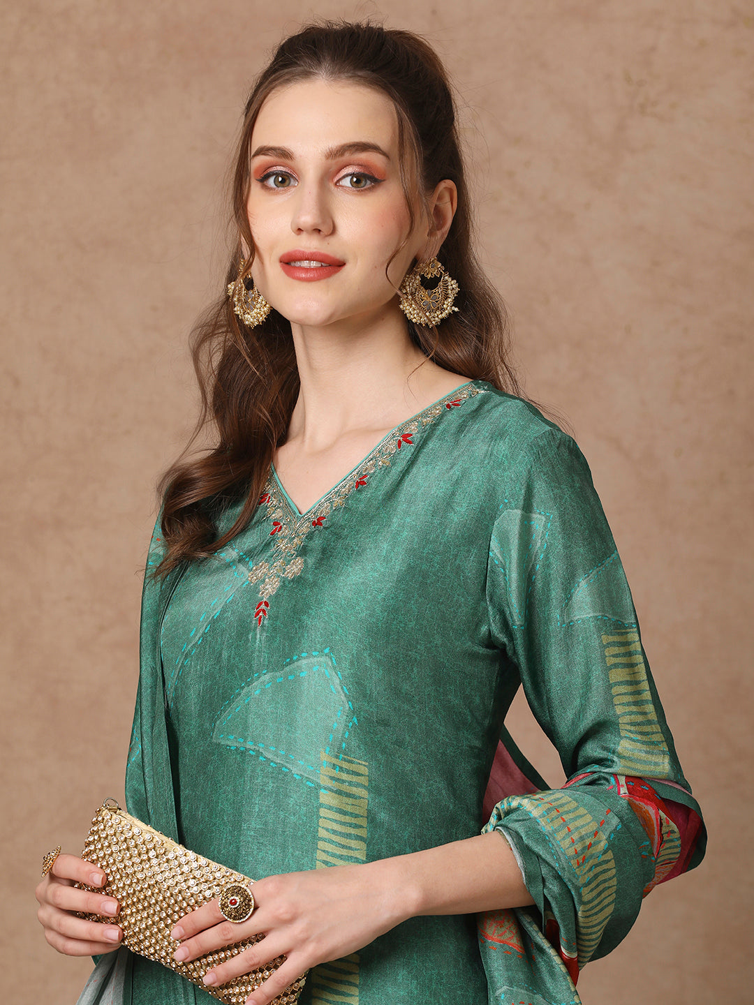 Abstract Floral Printed Straight Kurta with Pant & Dupatta - Green