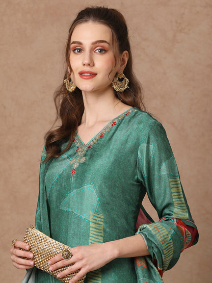 Abstract Floral Printed Straight Kurta with Pant & Dupatta - Green