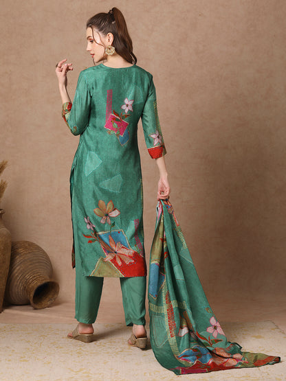 Abstract Floral Printed Straight Kurta with Pant & Dupatta - Green