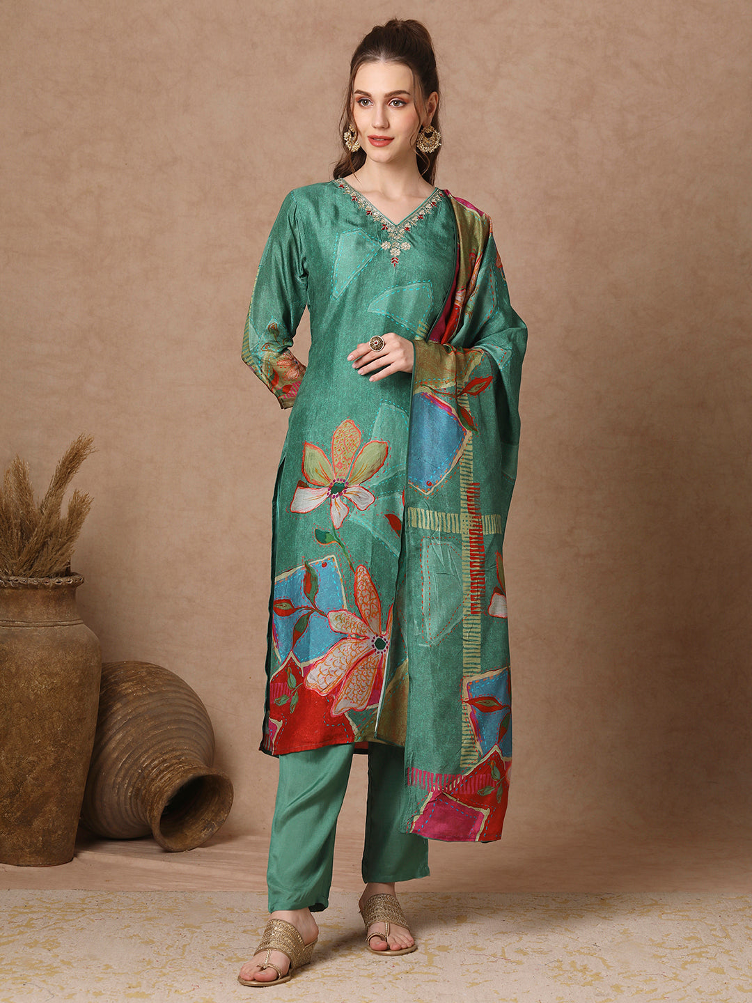 Abstract Floral Printed Straight Kurta with Pant & Dupatta - Green