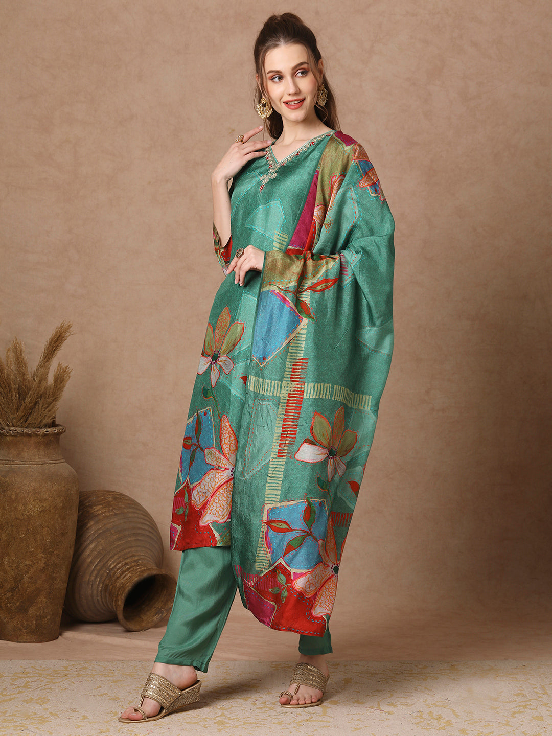 Abstract Floral Printed Straight Kurta with Pant & Dupatta - Green