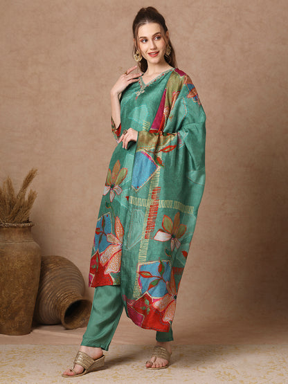 Abstract Floral Printed Straight Kurta with Pant & Dupatta - Green