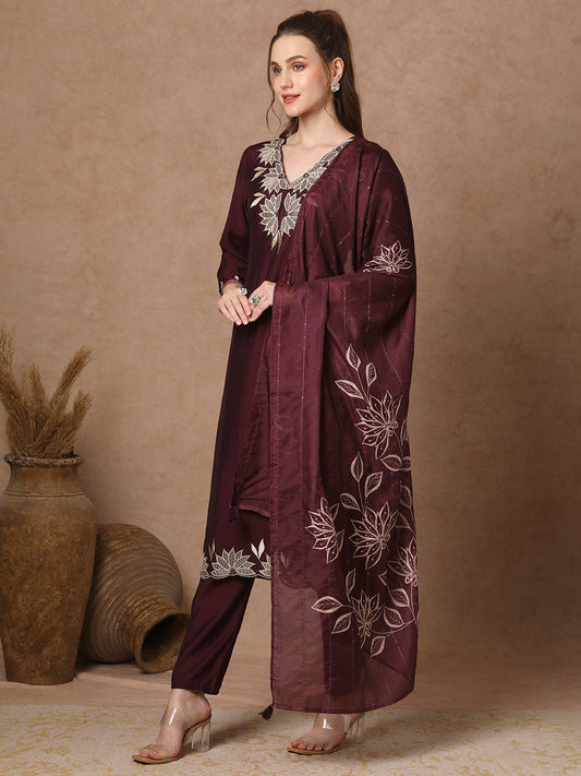 Solid Floral Embroidered Straight Kurta with Pant & Dupatta - Burgundy