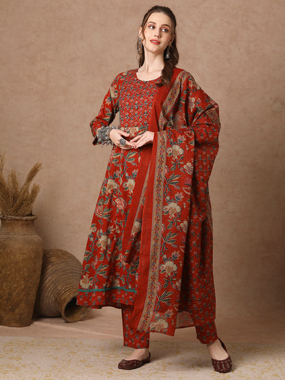 Ethnic Floral Printed & Embroidered Anarkali Kurta with Pant & Dupatta - Red