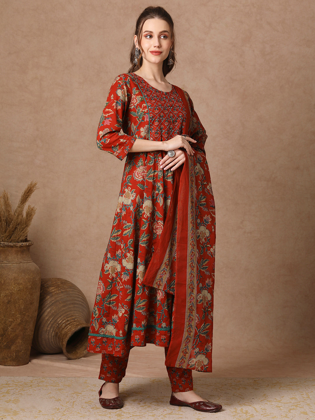 Ethnic Floral Printed & Embroidered Anarkali Kurta with Pant & Dupatta - Red