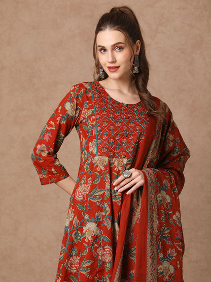 Ethnic Floral Printed & Embroidered Anarkali Kurta with Pant & Dupatta - Red