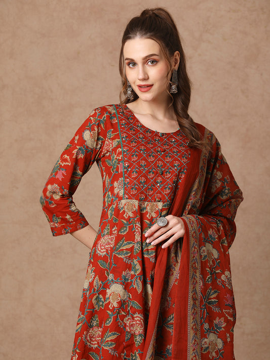 Ethnic Floral Printed & Embroidered Anarkali Kurta with Pant & Dupatta - Red