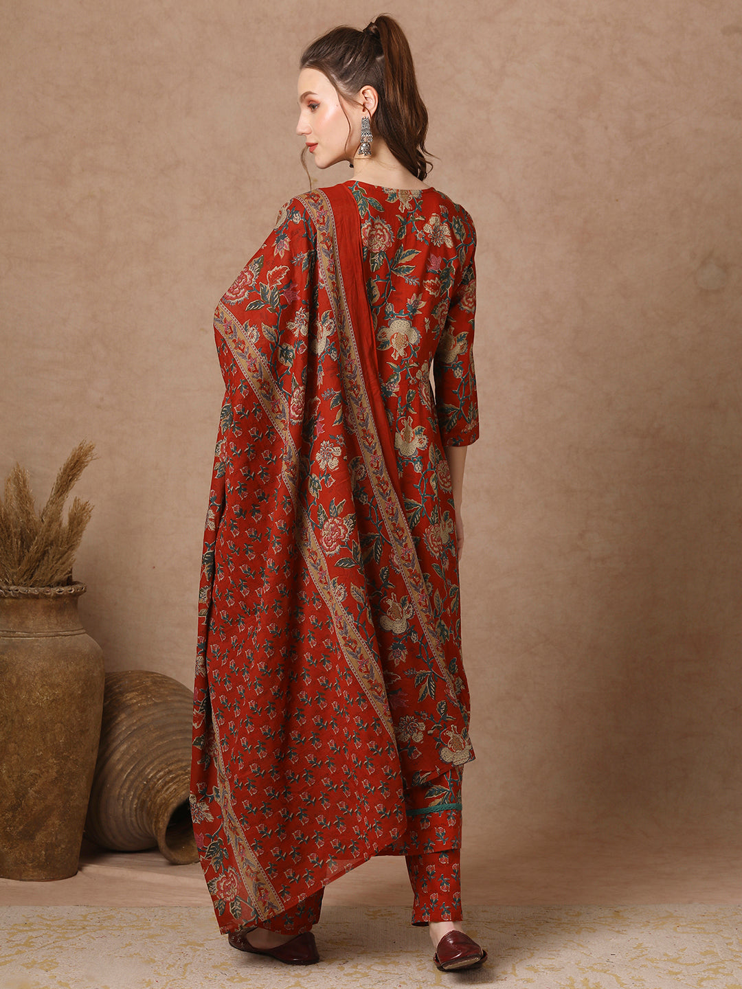 Ethnic Floral Printed & Embroidered Anarkali Kurta with Pant & Dupatta - Red