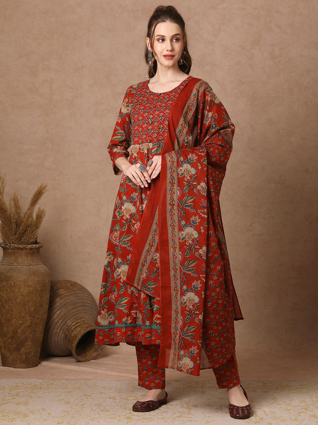 Ethnic Floral Printed & Embroidered Anarkali Kurta with Pant & Dupatta - Red