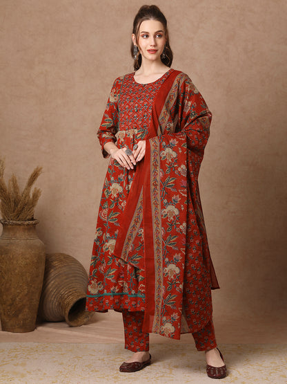 Ethnic Floral Printed & Embroidered Anarkali Kurta with Pant & Dupatta - Red