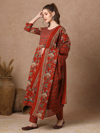 Ethnic Floral Printed & Embroidered Anarkali Kurta with Pant & Dupatta - Red