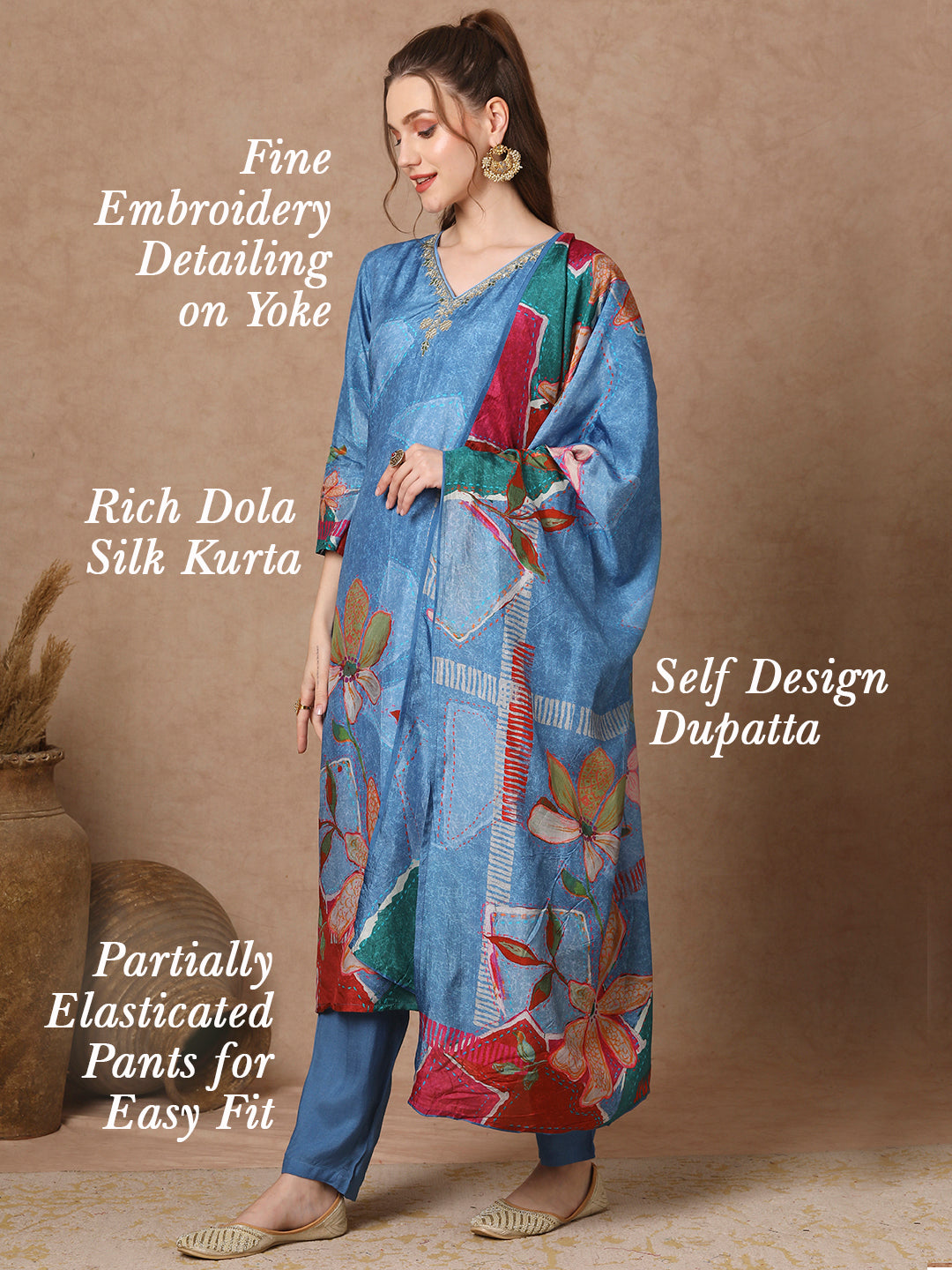 Abstract Floral Printed & Embroidered Straight Kurta with Pant & Dupatta - Blue