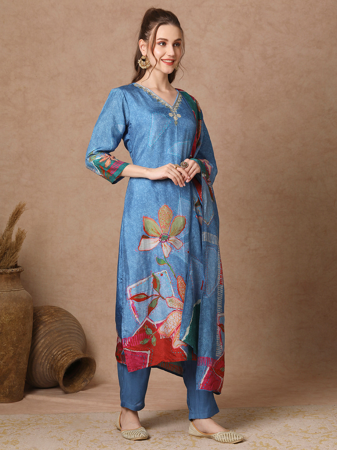 Abstract Floral Printed & Embroidered Straight Kurta with Pant & Dupatta - Blue