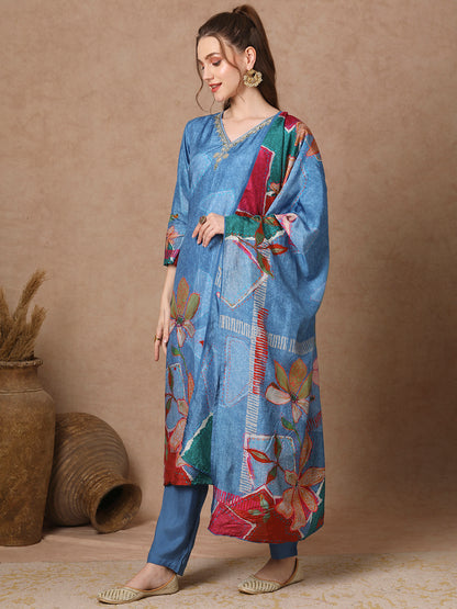 Abstract Floral Printed & Embroidered Straight Kurta with Pant & Dupatta - Blue