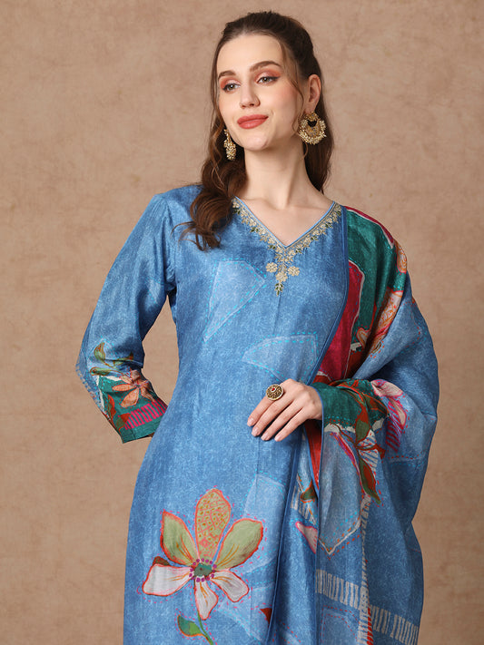 Abstract Floral Printed & Embroidered Straight Kurta with Pant & Dupatta - Blue