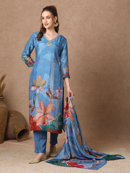 Abstract Floral Printed & Embroidered Straight Kurta with Pant & Dupatta - Blue