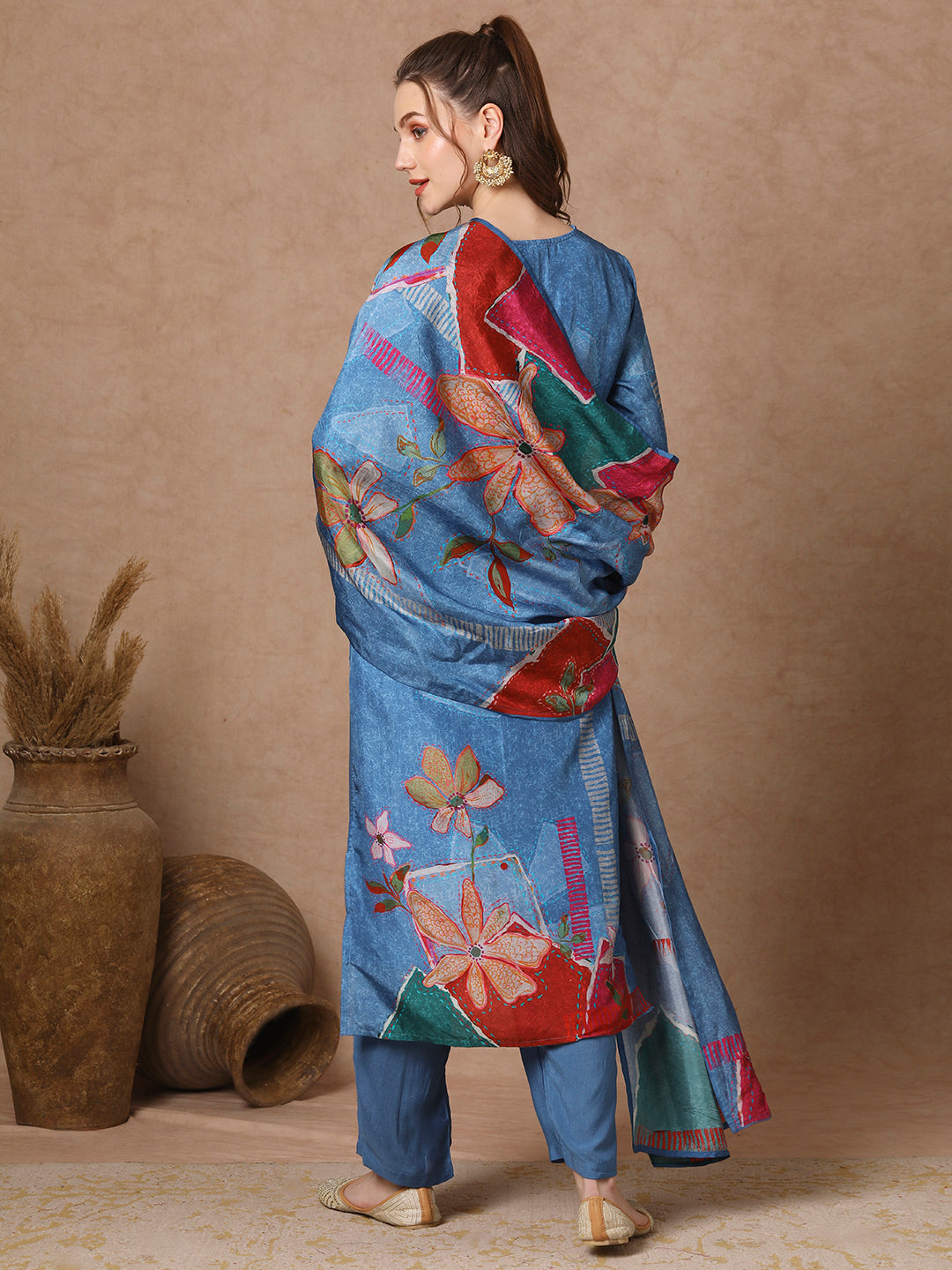 Abstract Floral Printed & Embroidered Straight Kurta with Pant & Dupatta - Blue