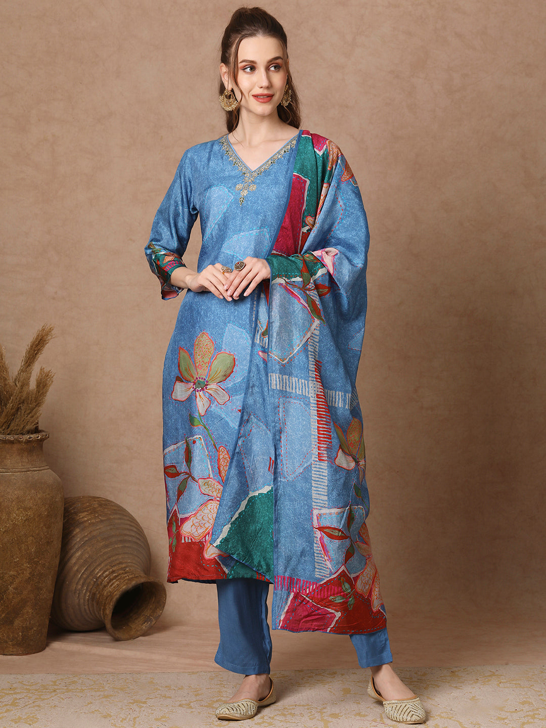 Abstract Floral Printed & Embroidered Straight Kurta with Pant & Dupatta - Blue