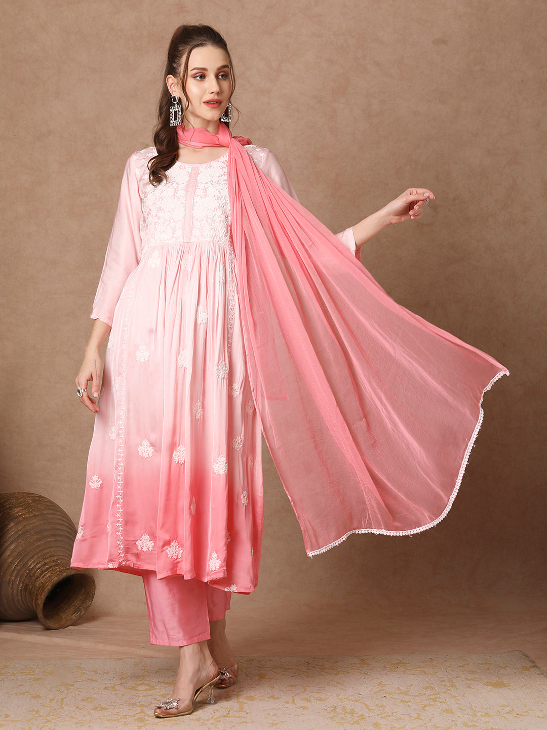 Ombre Dyed & Chikankari Embroidered A-Line Kurta with Pant & Dupatta - Pink