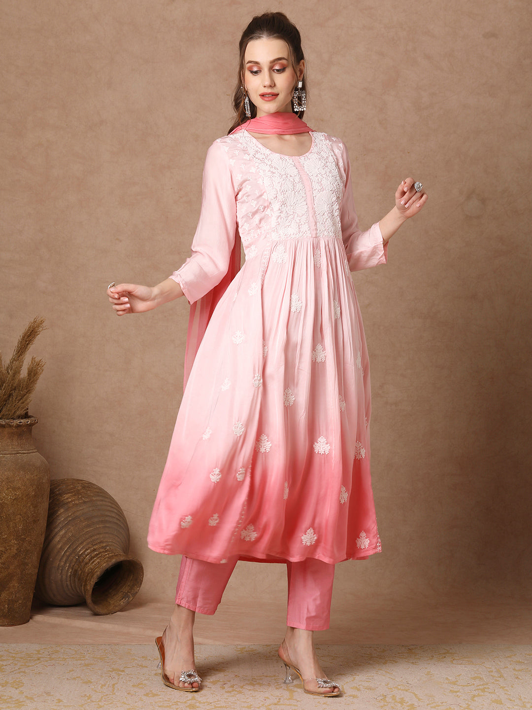 Ombre Dyed & Chikankari Embroidered A-Line Kurta with Pant & Dupatta - Pink