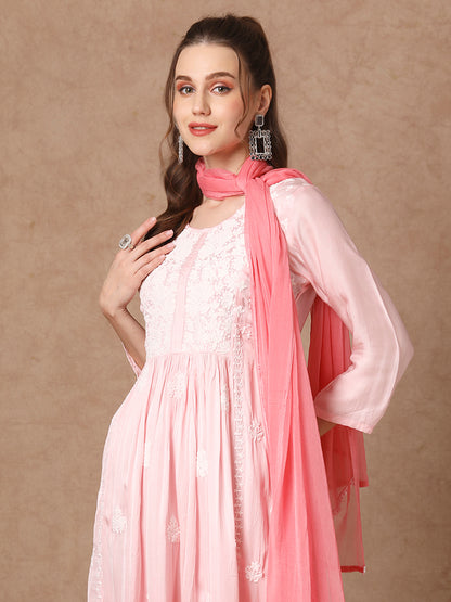 Ombre Dyed & Chikankari Embroidered A-Line Kurta with Pant & Dupatta - Pink